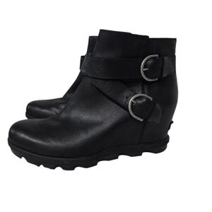 Sorel Joan Of Artic Wedge II Buckle Black Leather Ankle Boots 10.5